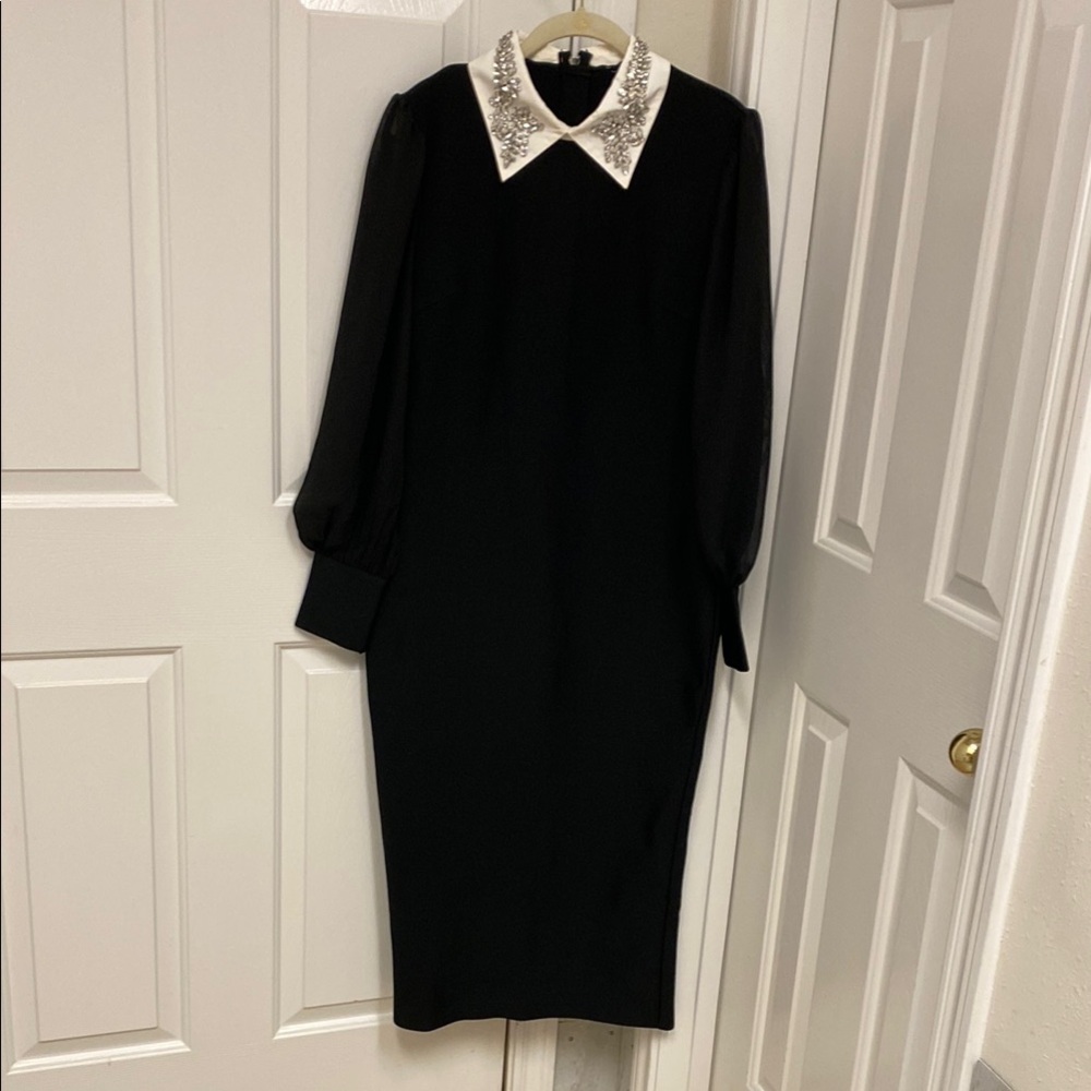 Karen Millen Black Sheath Dress with Notched Collar and Bishop Sleeves